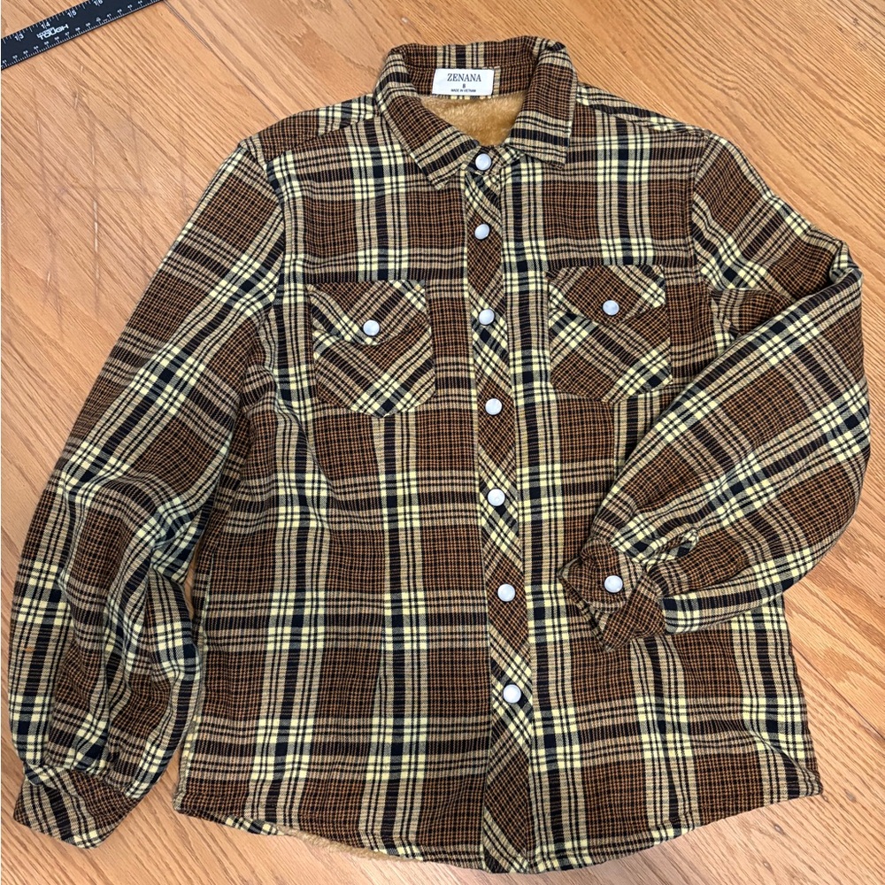 Zenana Outfitters Brown and Yellow Plaid Button Down Shirt